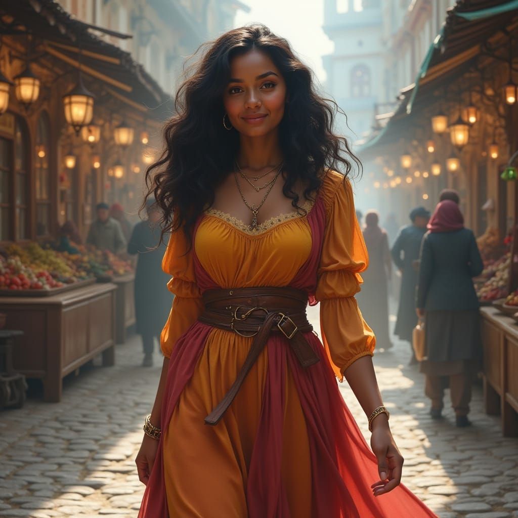 Medieval Market Scene with Woman in Smock Dress