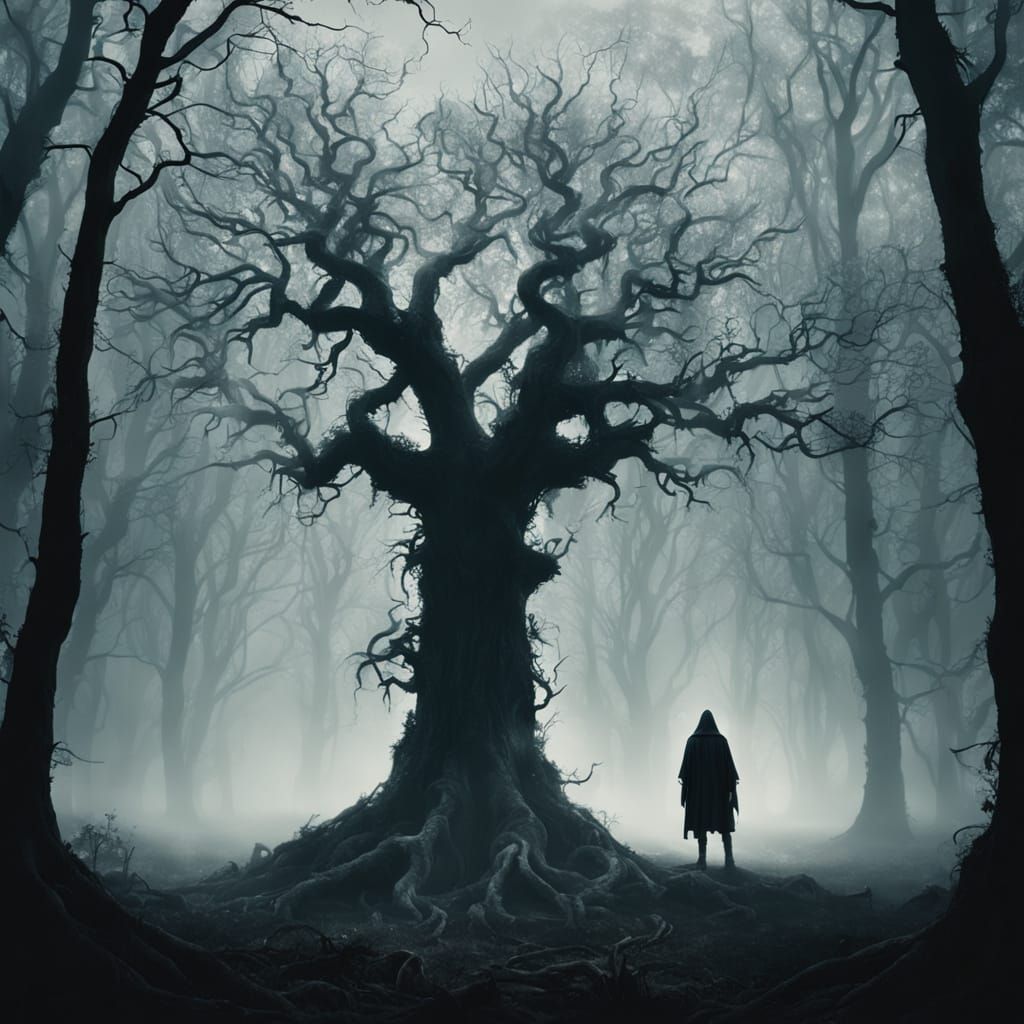 Ethereal Character in Dark Gothic Forest Landscape