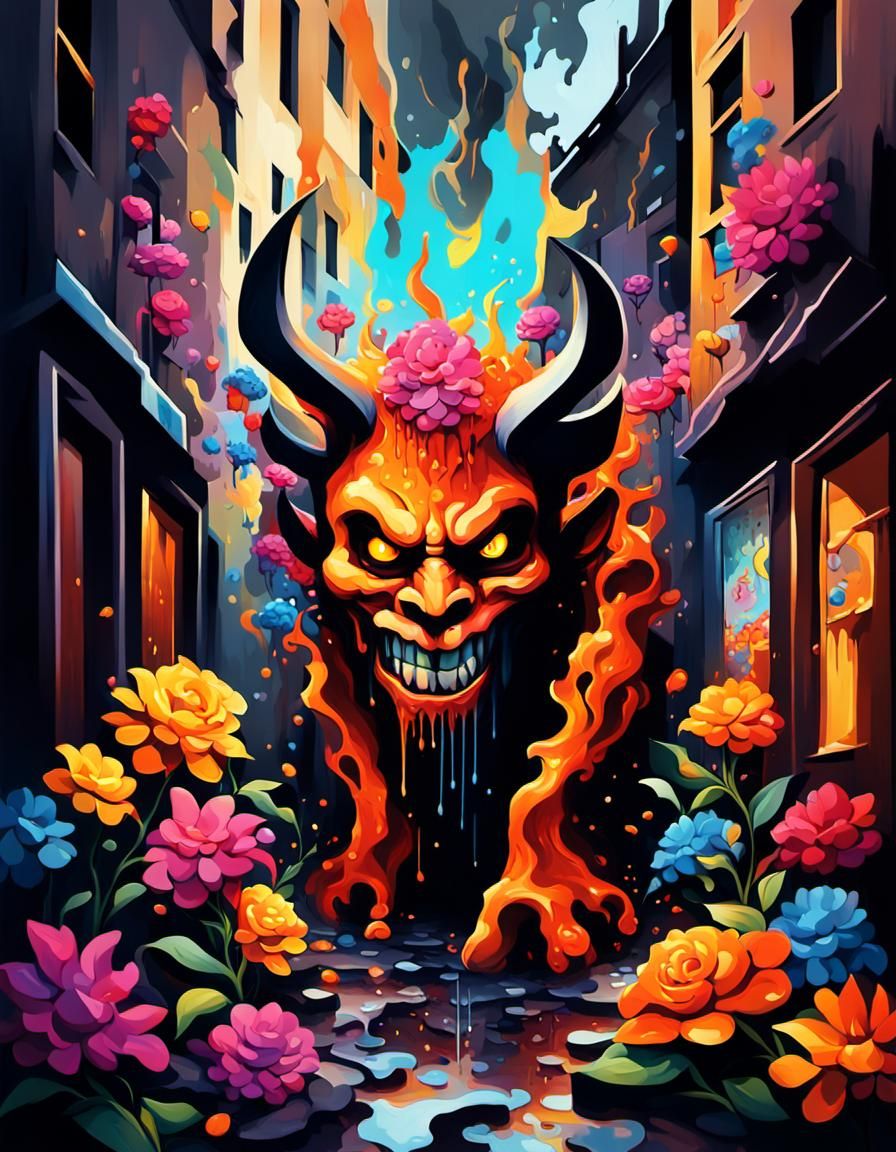 Fiery Demon in City Alley, Surrealist Graffiti Art