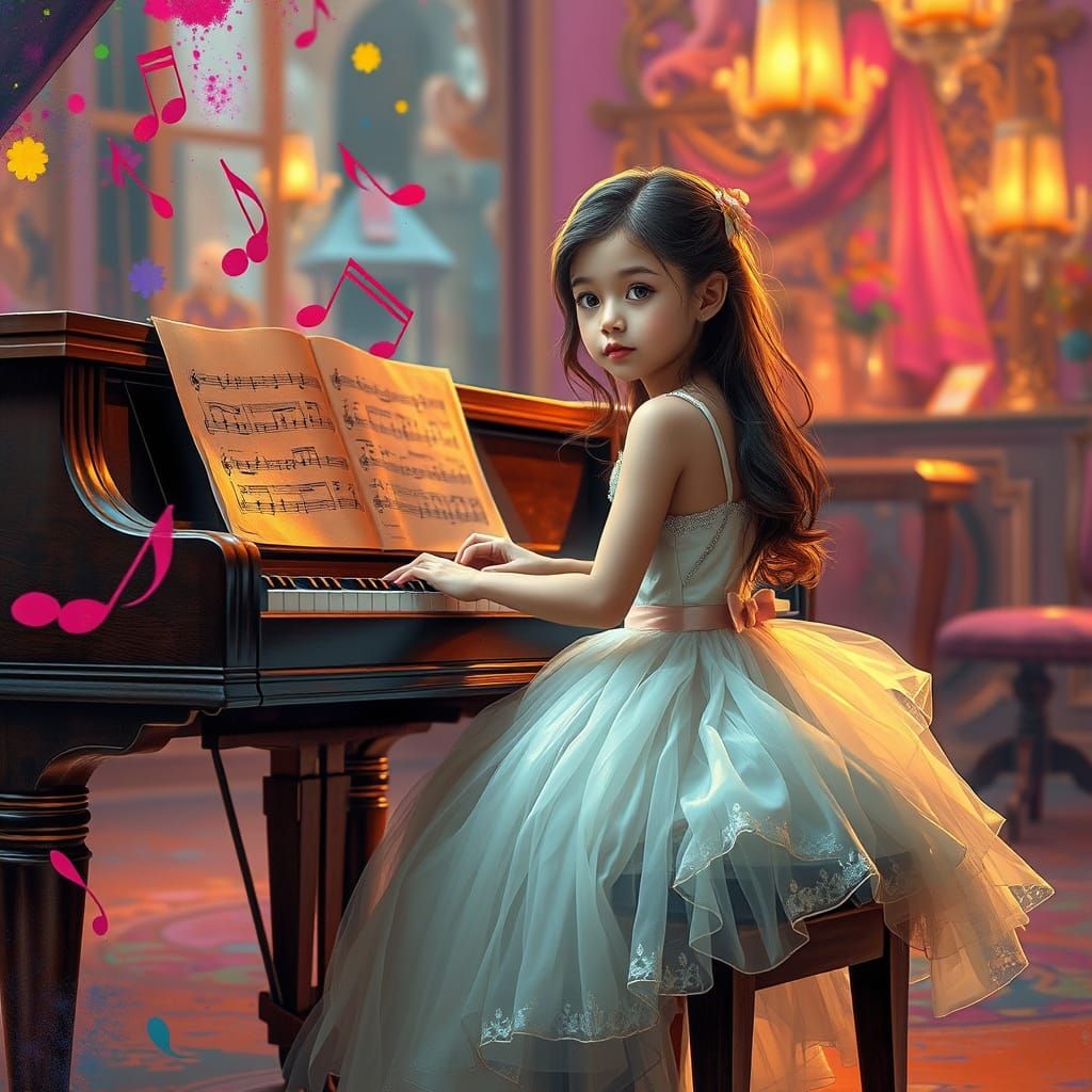 Girl Playing Piano with Floating Musical Notes