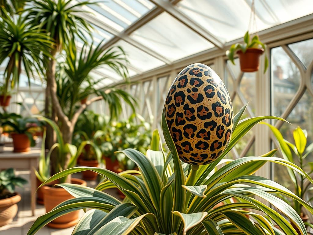 Retro Futuristic Cheetah Egg Blooms in Sunroom