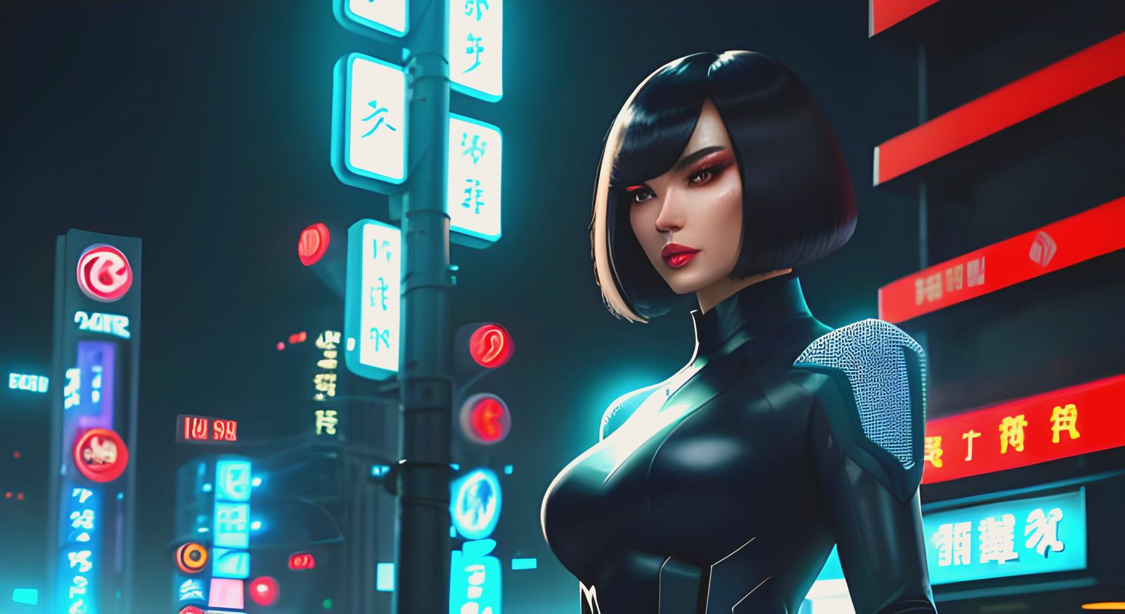 Cyberpunk Asian Secret Agent in Neon Cityscape