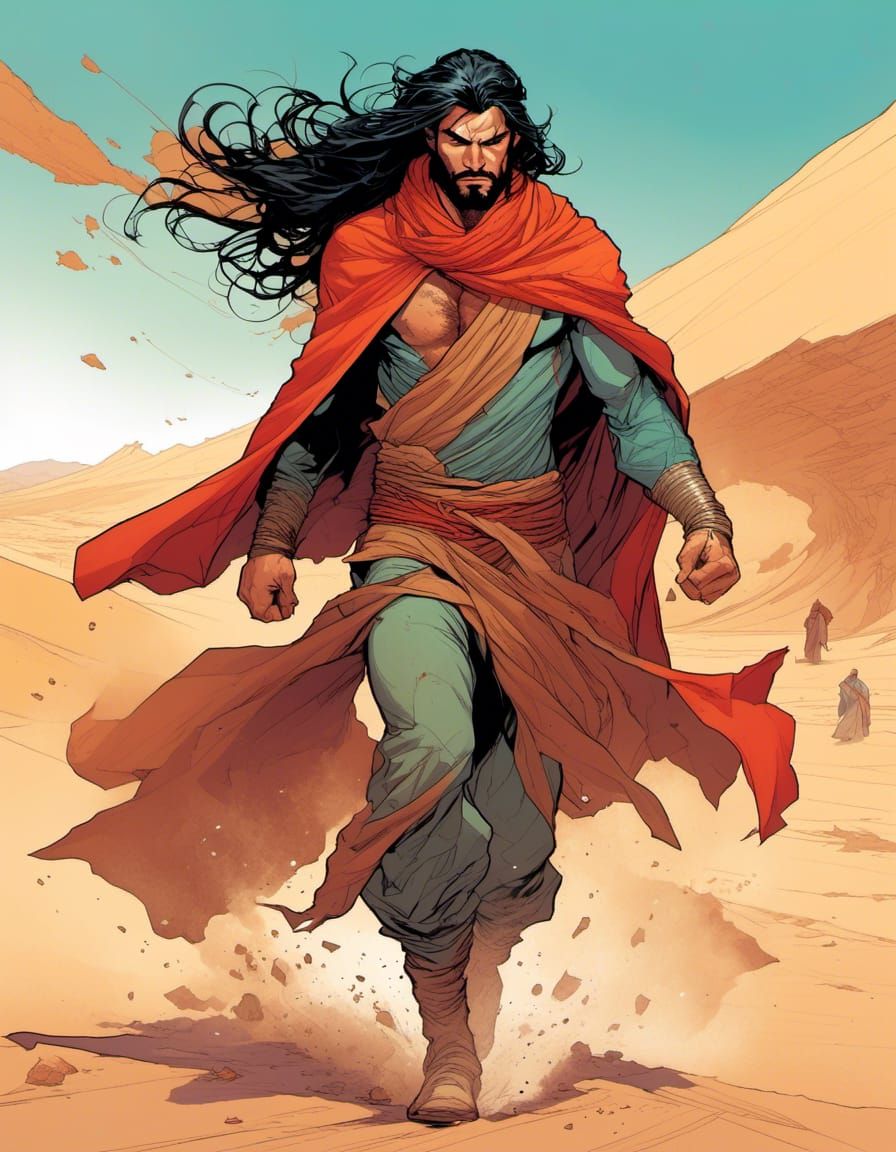 Nomadic Superhero in Sahara Desert: Comic Book Art