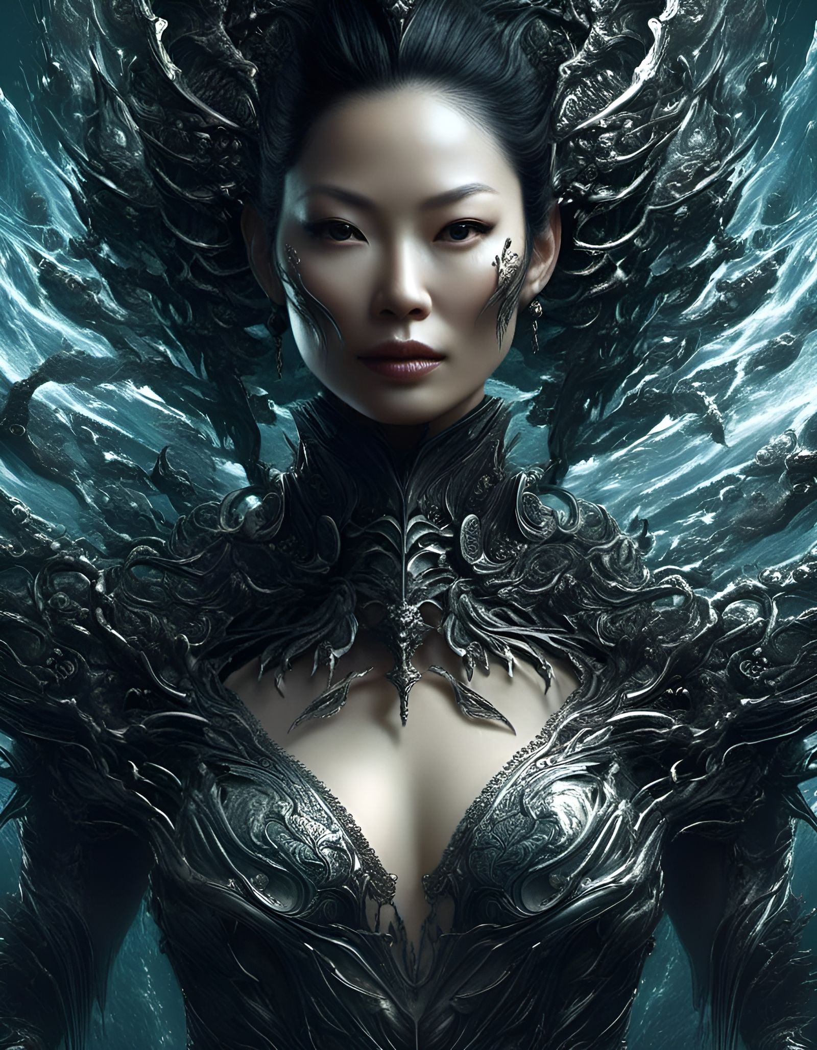 Lucy Liu as Water Elemental in Dark Fantasy Style
