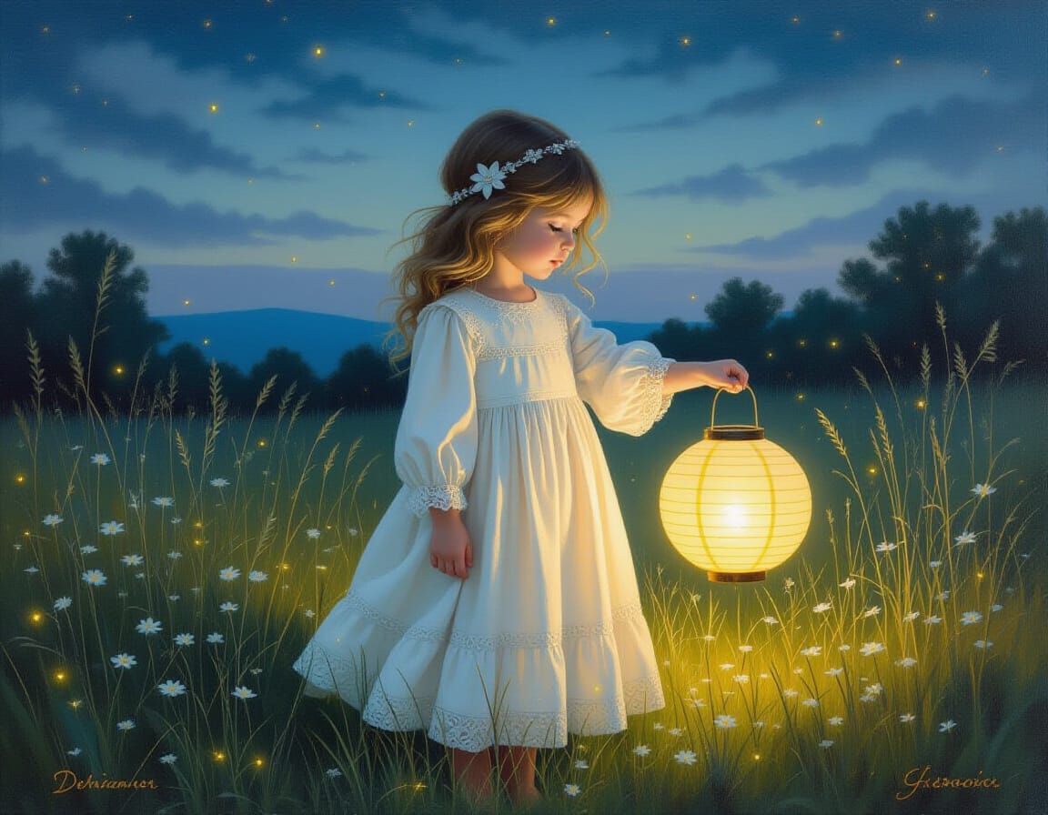 Child with Lantern in Meadow Oil Painting