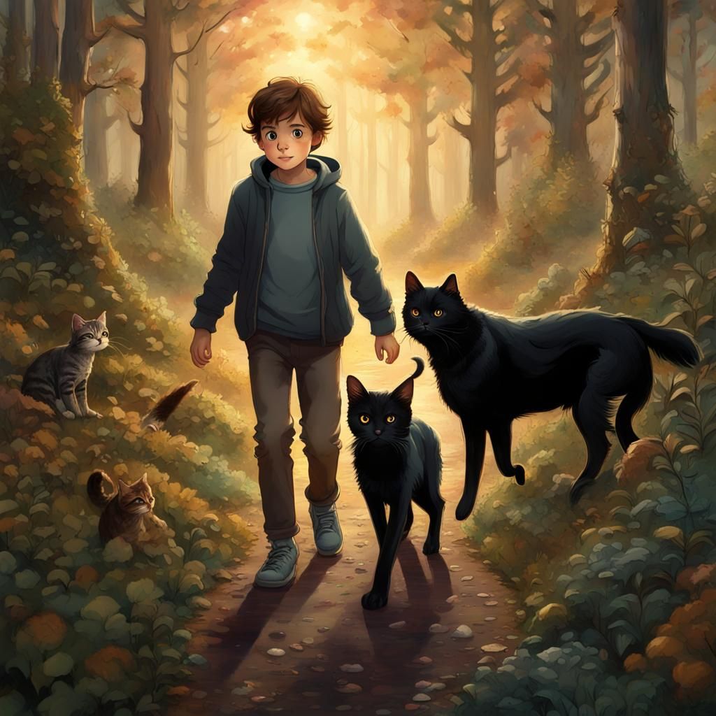 Boy and Animals in Magical Forest, Detailed Fantasy Art