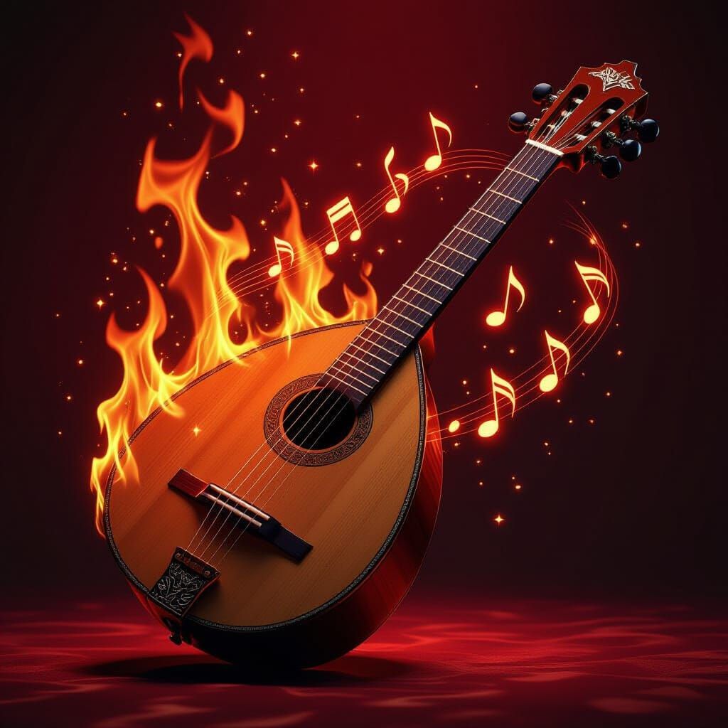 Polished Lute Amidst Dancing Flames in Hyperrealistic Art