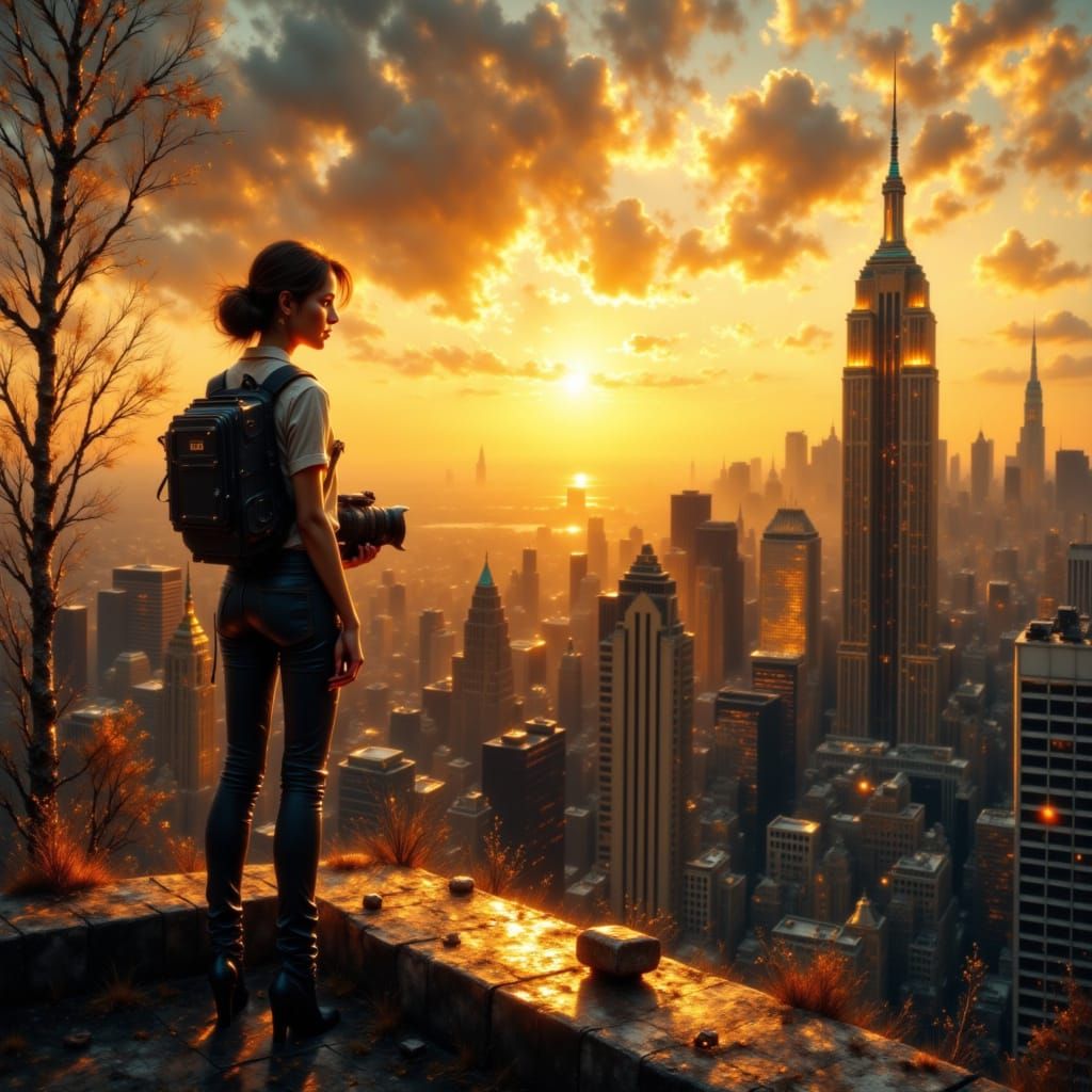 Filmmaker on Rooftop at Dawn Cinematic Concept Art