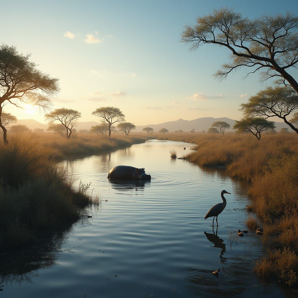 Hyperrealistic Savannah Landscape with Hippos