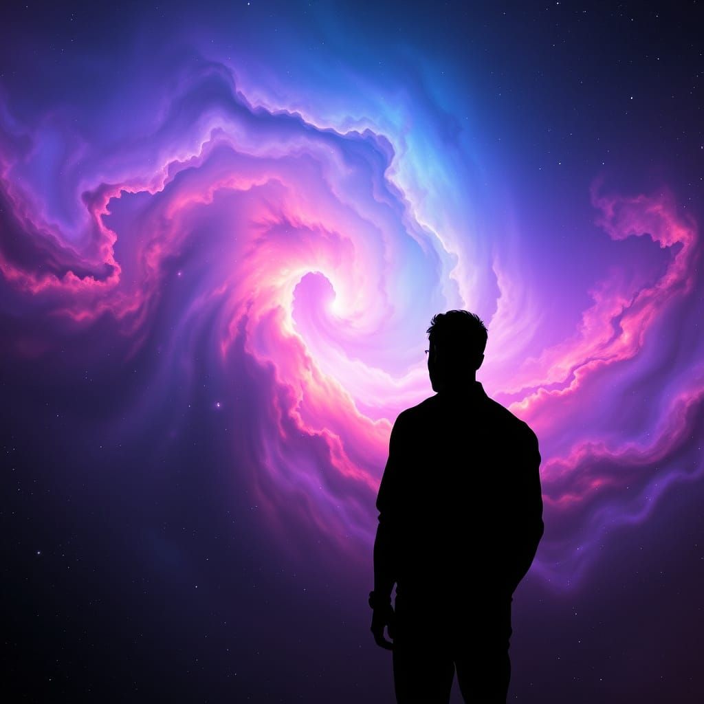 Man's Silhouette Against Cosmic Nebula in Digital Art Style
