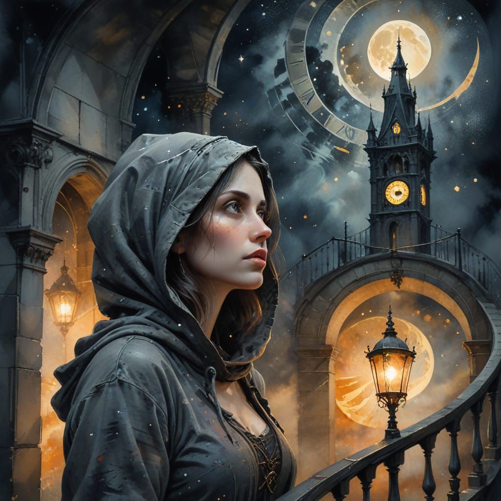 Woman on Spiral Staircase Bridge, Impressionistic Watercolou...