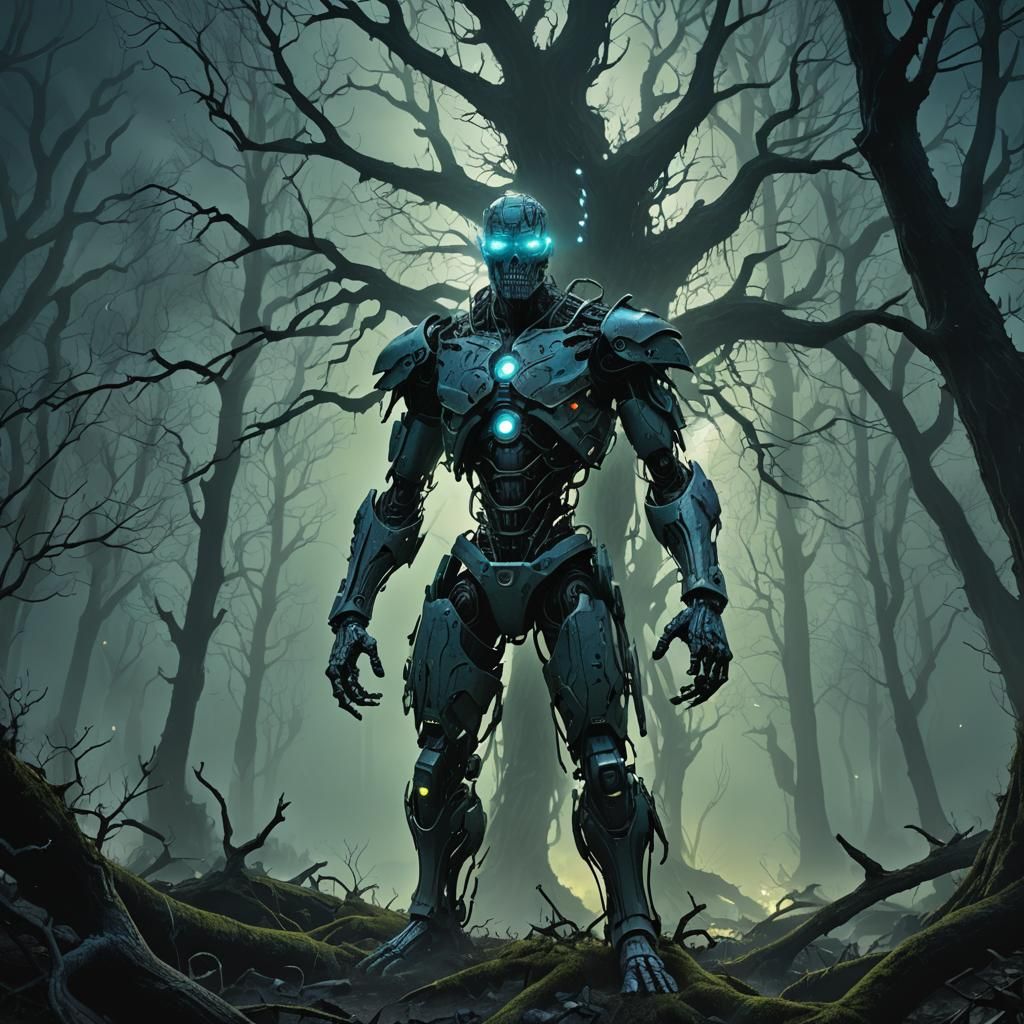Cyborg in Misty Forest: Dark Surrealism Illustration