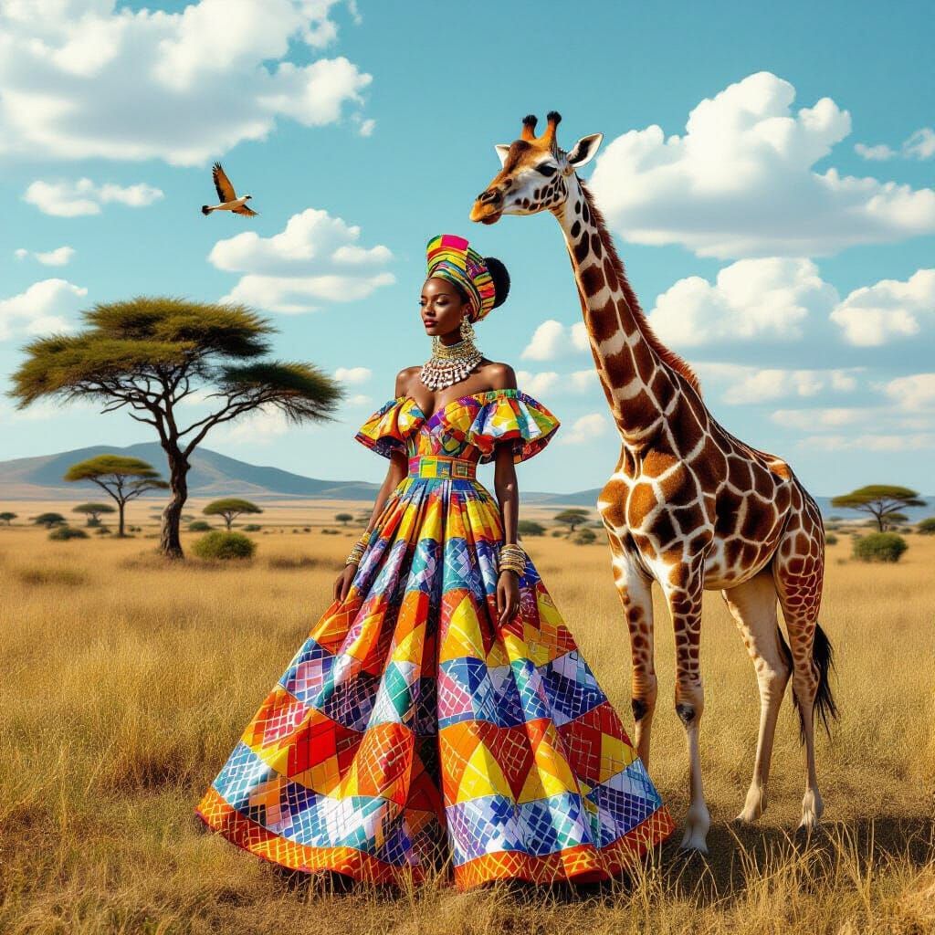 African Woman and Giraffe in Surrealist Landscape