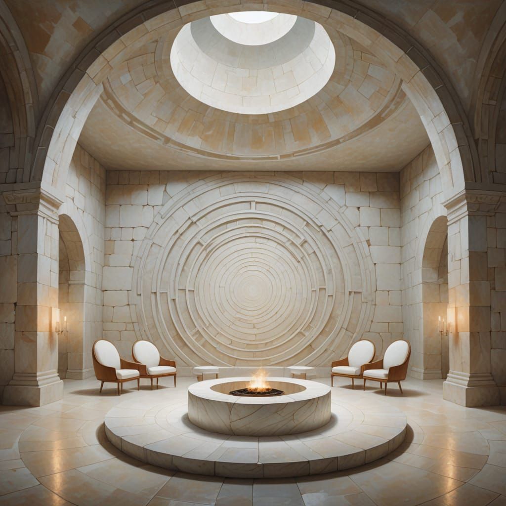 Ethereal Oil Painting of Symmetrical Chamber with Glowing Ge...