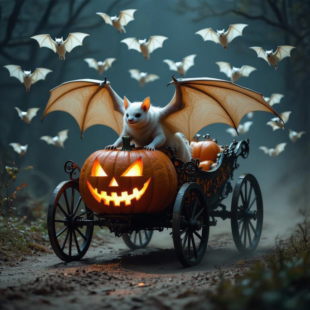 Gothic Pumpkin Carriage Driven by White Bat