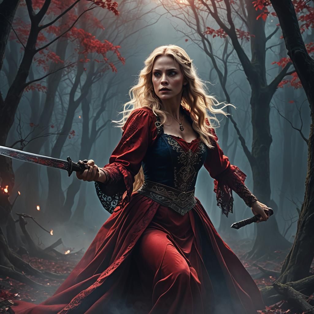 Blonde Magician with Machete in Gothic-Romanticism Style