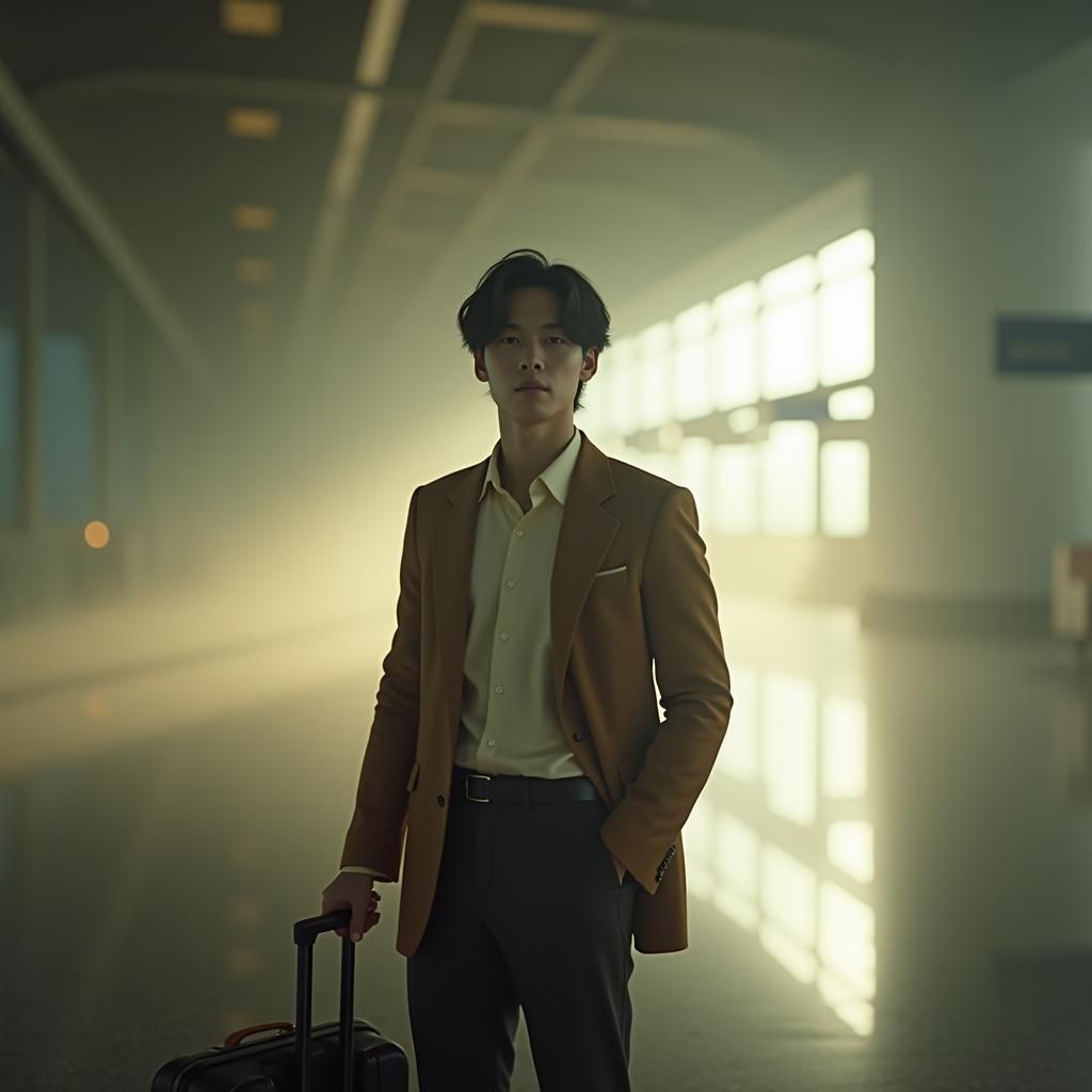 BTS V in Dreamlike Airport: Ethereal Digital Art