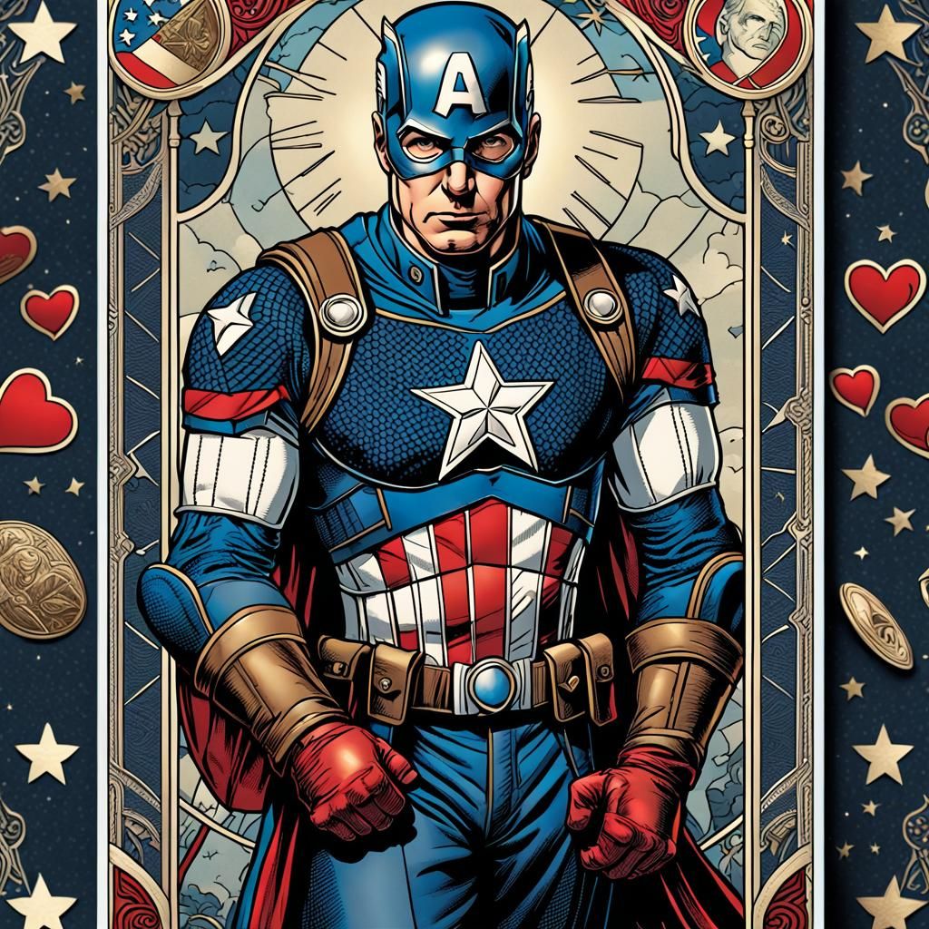 Captain America Tarot Card with Hearts Pattern