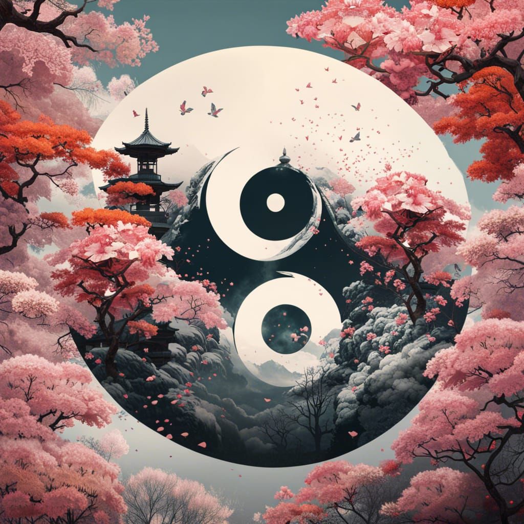 Yin Yang Symbol in Sakura Garden, Double Exposure