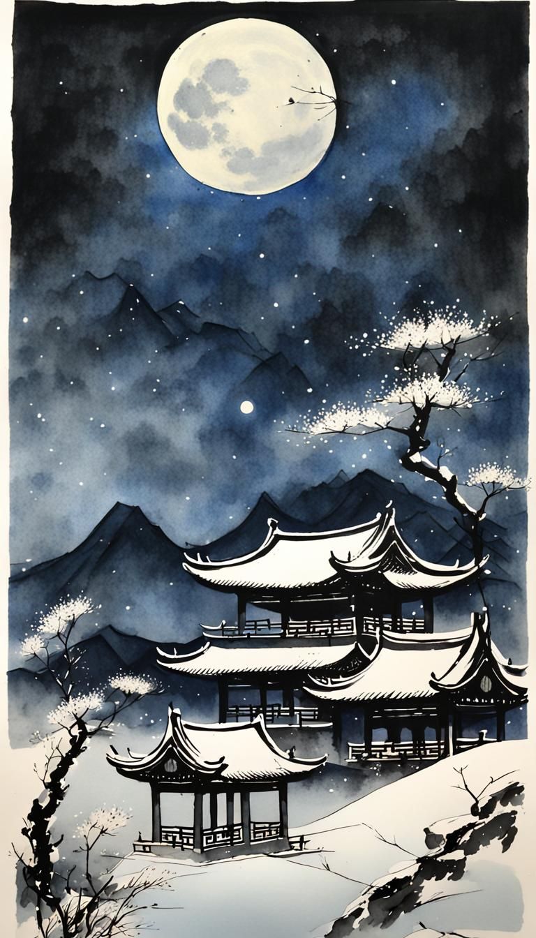 Chinese Ink Painting of Wind, Flowers, Snow, Moon