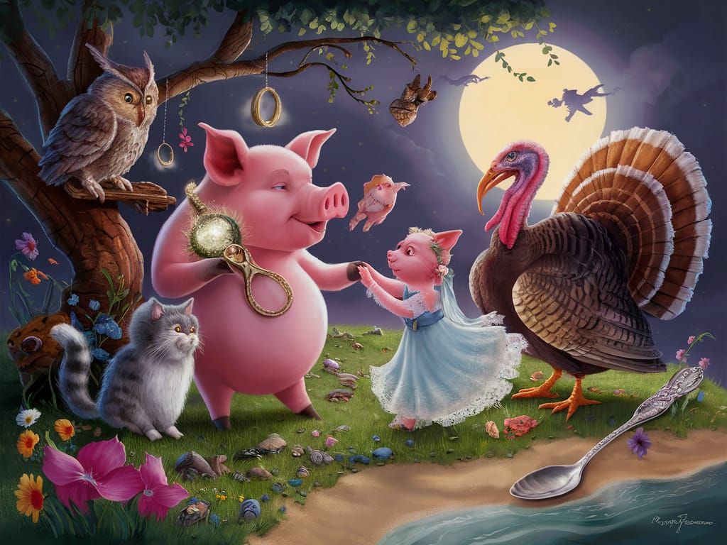 Enchanting Wedding Scene with Pig, Owl, and Cat