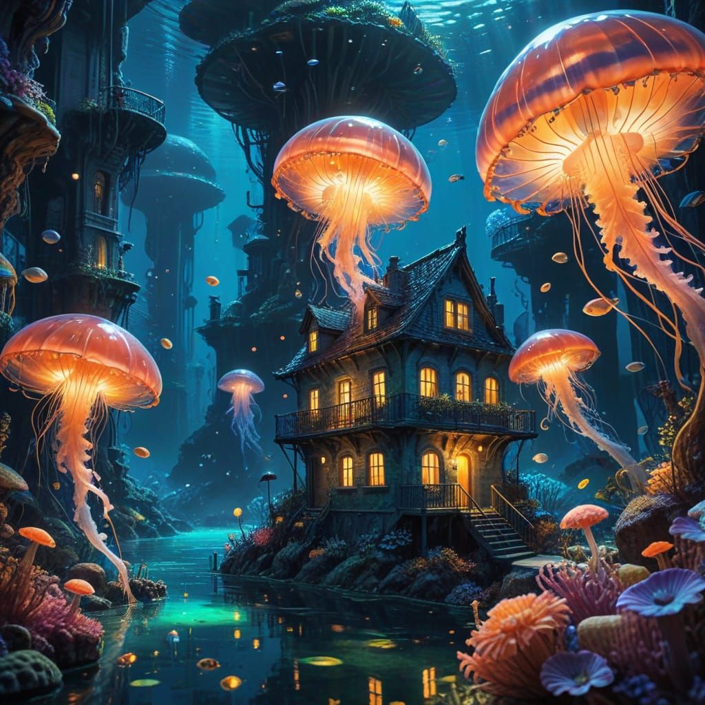 Underwater City with Divers in Impressionistic Gouache Style