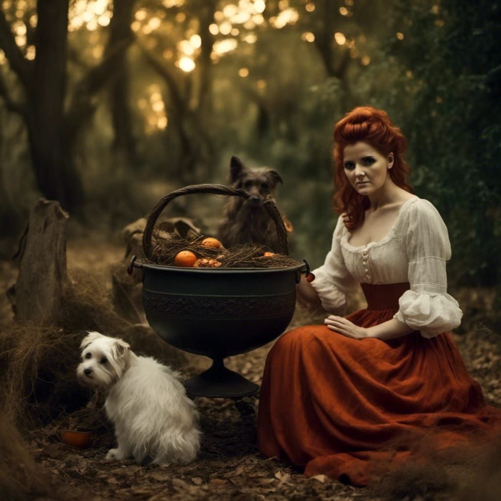 Cinematic Witch by Cauldron in Forest with Maltese Puppy