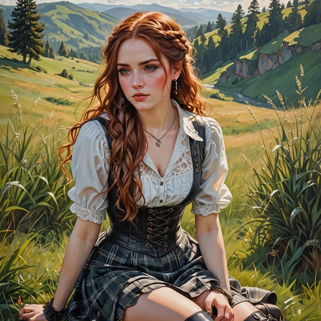 Young Woman on Highlands: Oil Painting Portrait
