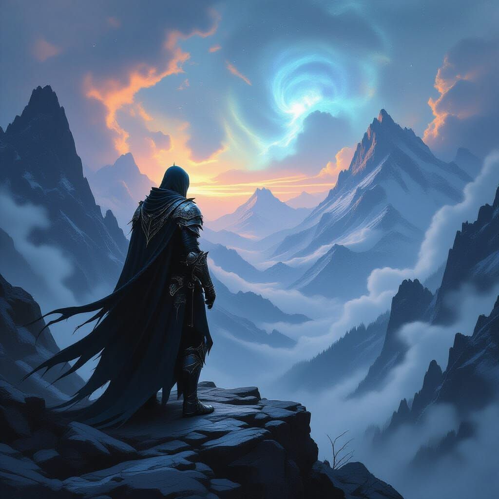 Knight in Ethereal Spider Silk Armor on Cosmic Mountain