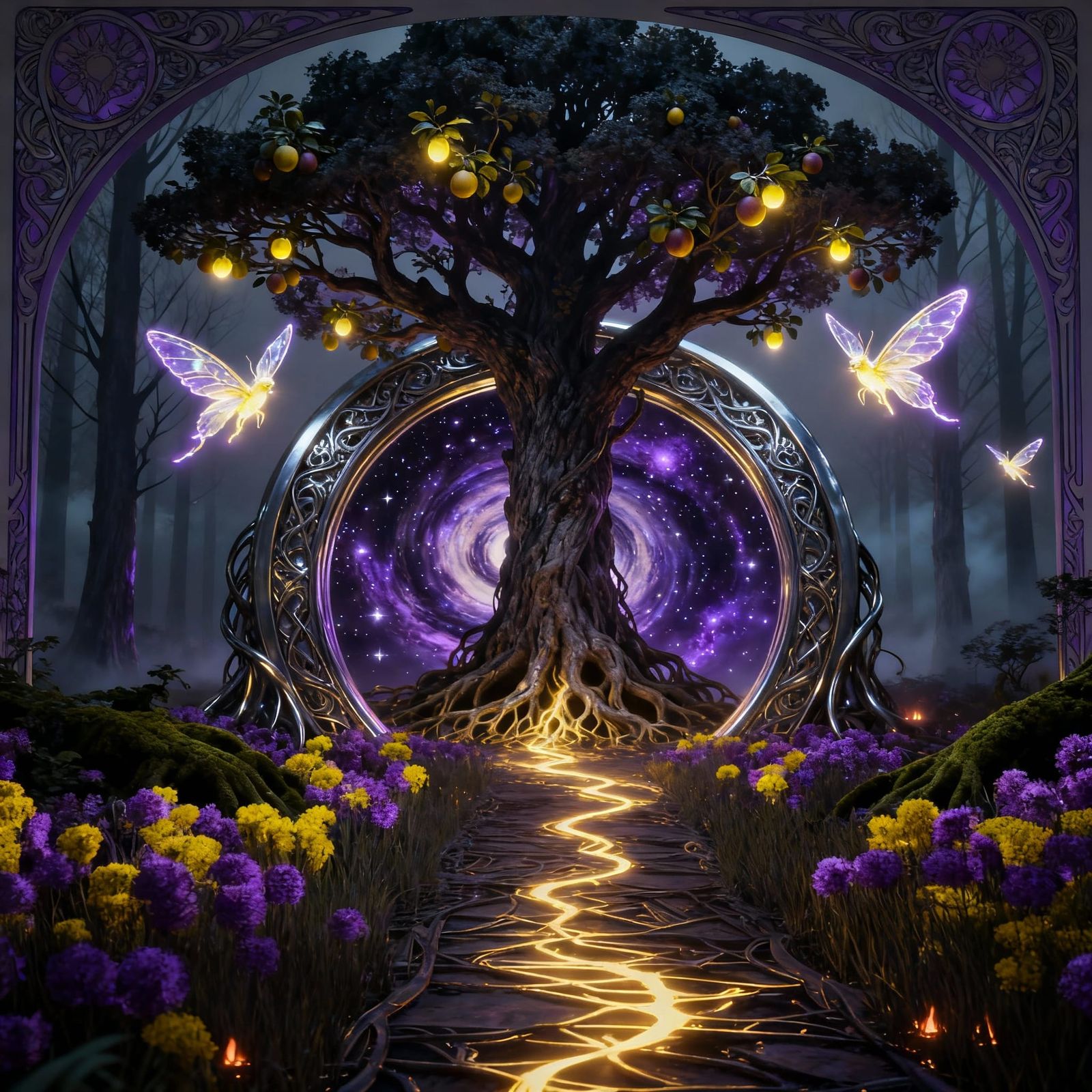 Ancient Cosmic Tree with Luminescent Creatures