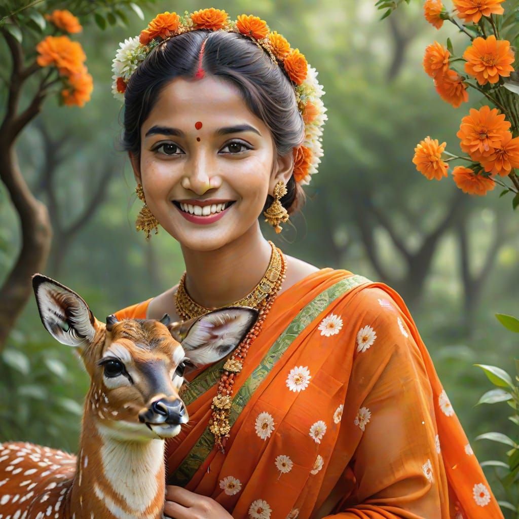 Woman in Saree with Deer in Enchanting Garden