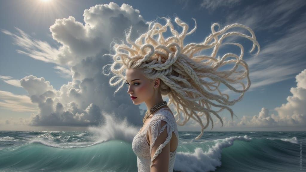 Woman in Stormy Water with Intricate Braids