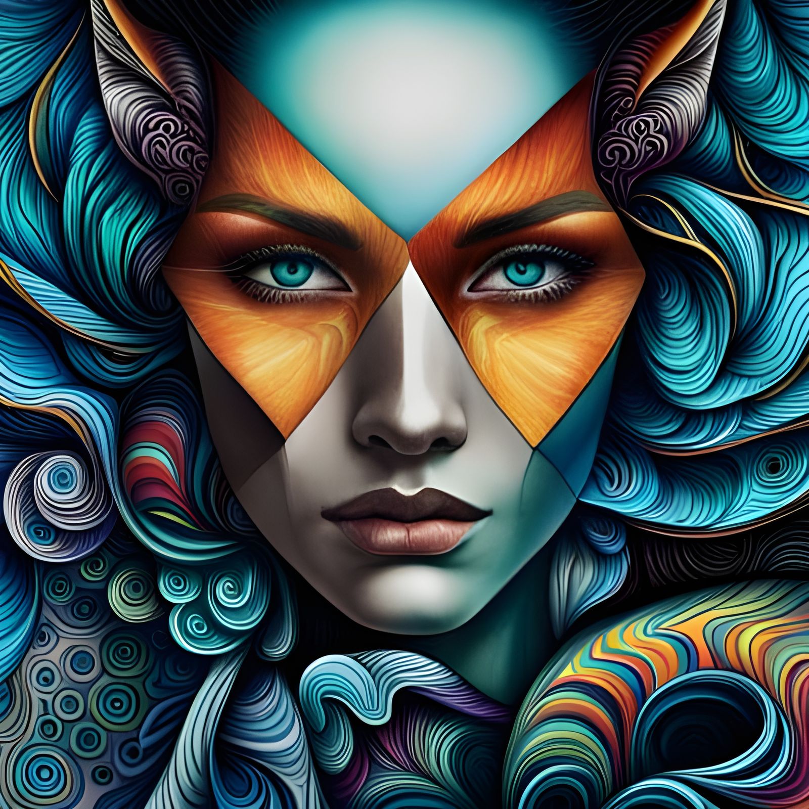 Fractal Fox-Woman Portrait in Mixed Media Style