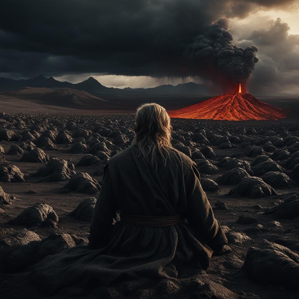 Prophet in Desolate Landscape, Cinematic Film Still