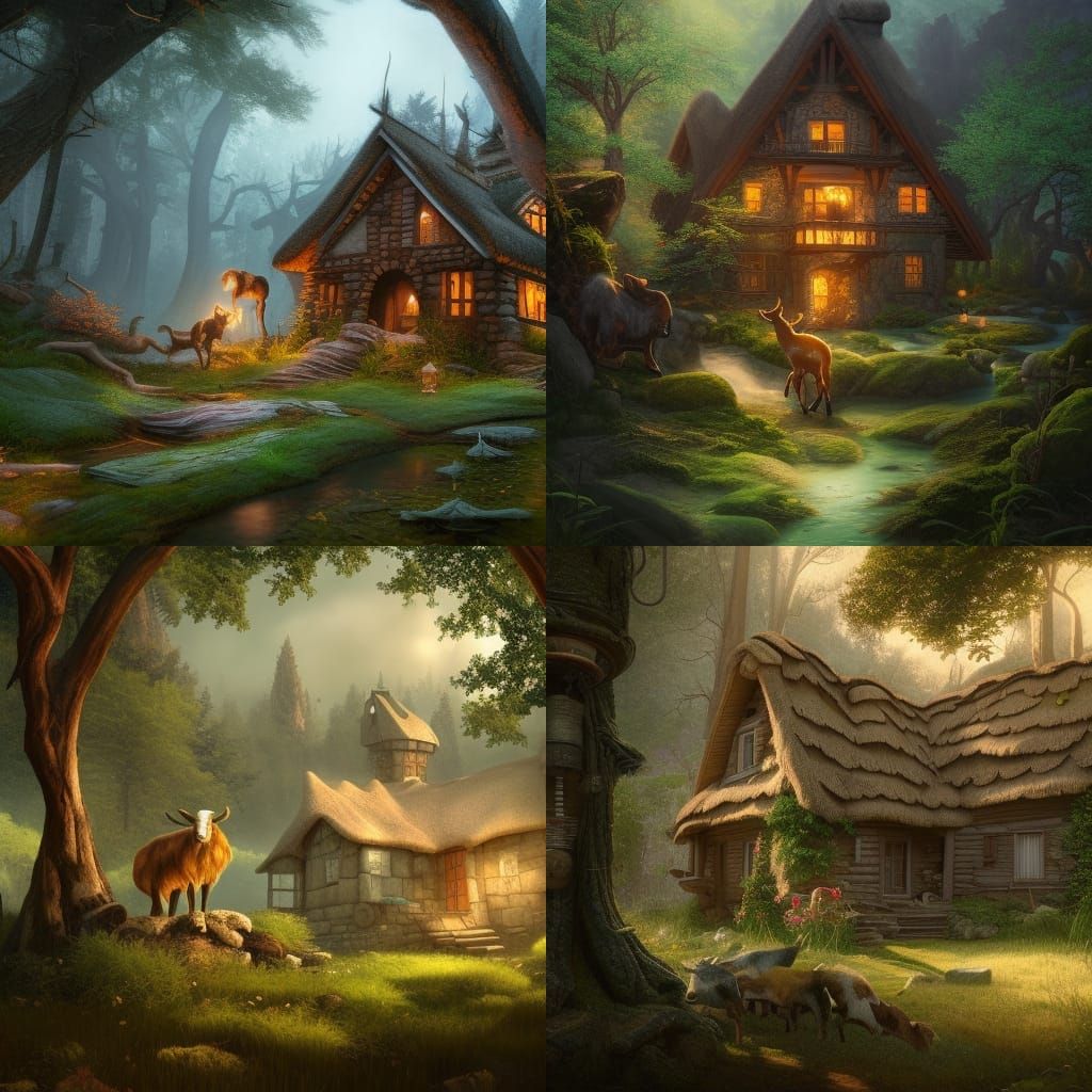 Fantastical Forest Cottage with Goat-Legged Person