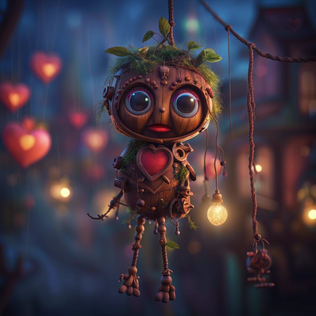 Heart-Eyed Puppet in Miniature Town