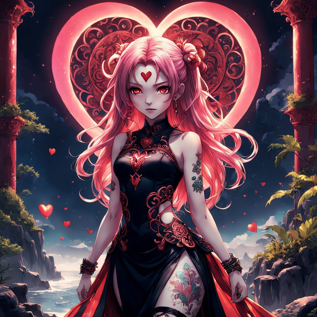 Goth Goddess Venus Holds Valentine's Day Card in Paradise