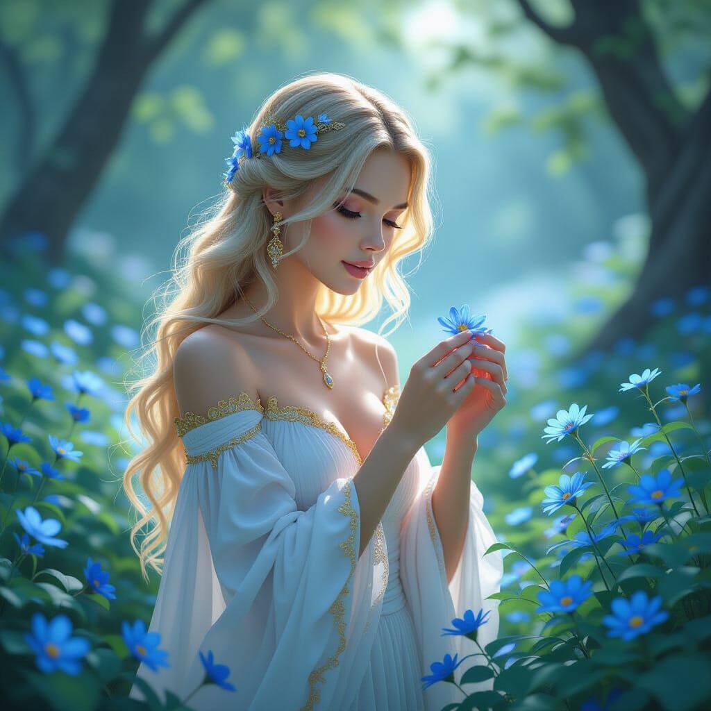 Blond Witch Picking Blue Flowers in Lush Forest