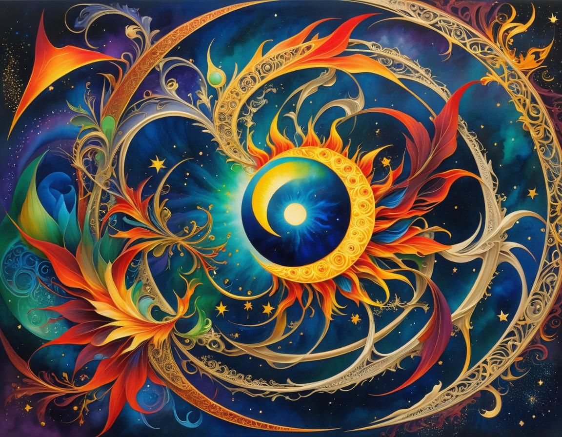 Surreal Sun and Moon in Chinese Ink Painting