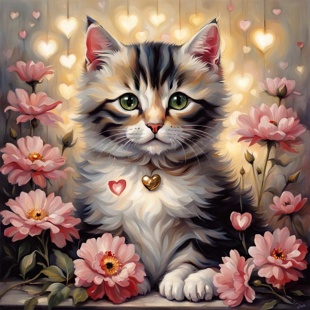 Mural of Cat with Flowers in Earthy Tones