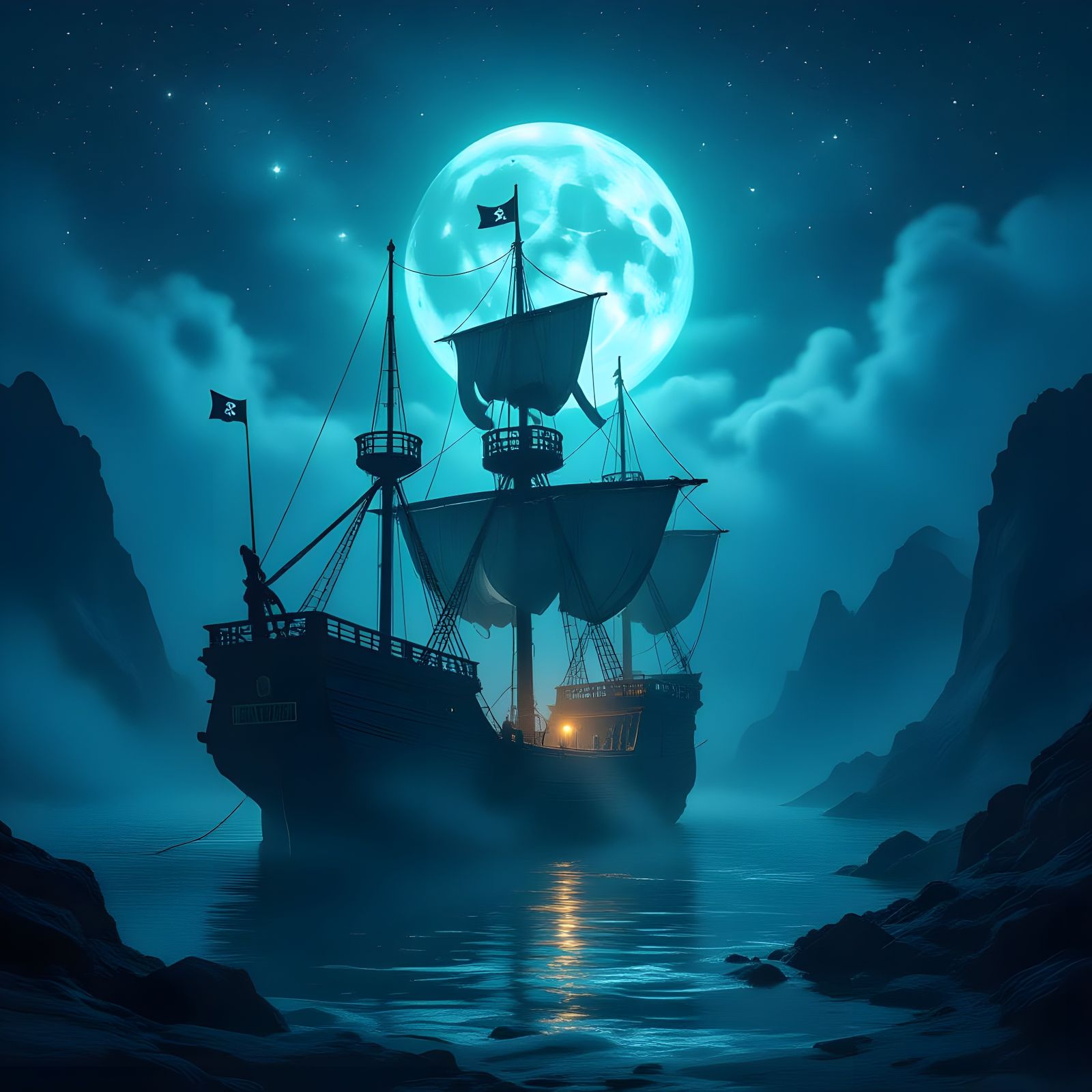 Ghost Pirate Ship in Foggy Cove