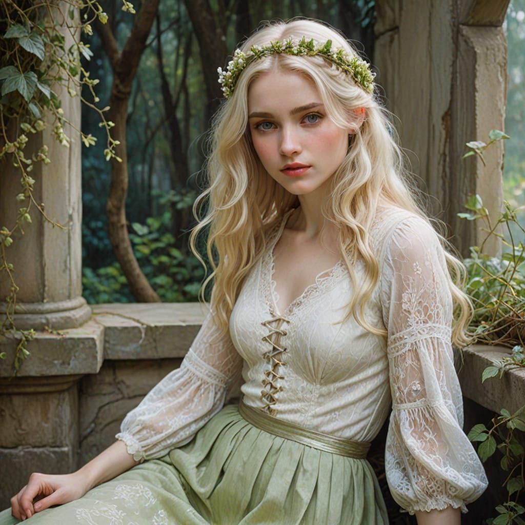 Ethereal Lady in Pre-Raphaelite Style with White Blouse