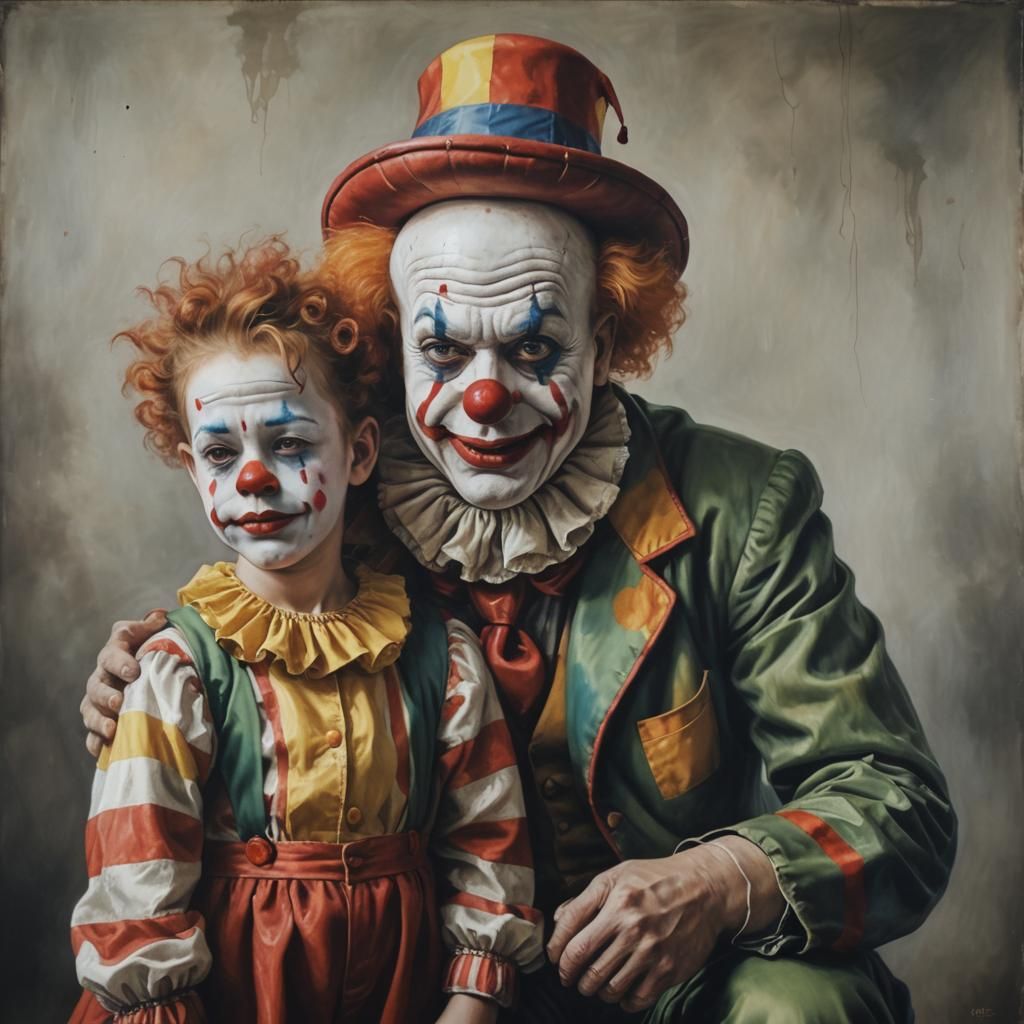 Photorealistic Image of Old and Child Clowns