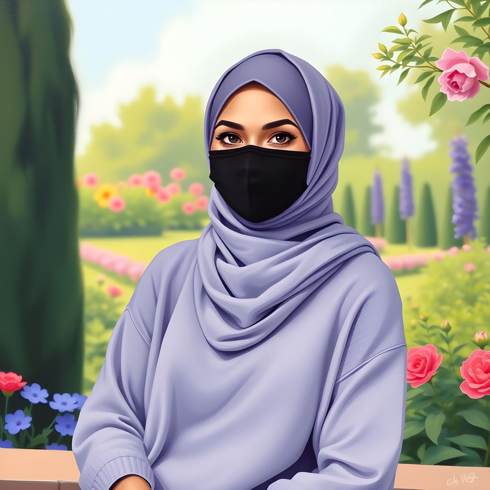 Beautiful Woman in Hijab Portrait in Botanic Garden
