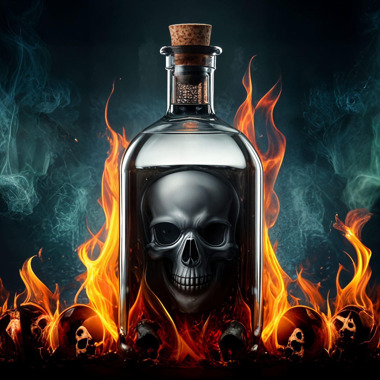 Magic Poison Bottle with Skull Floating Amidst Flames