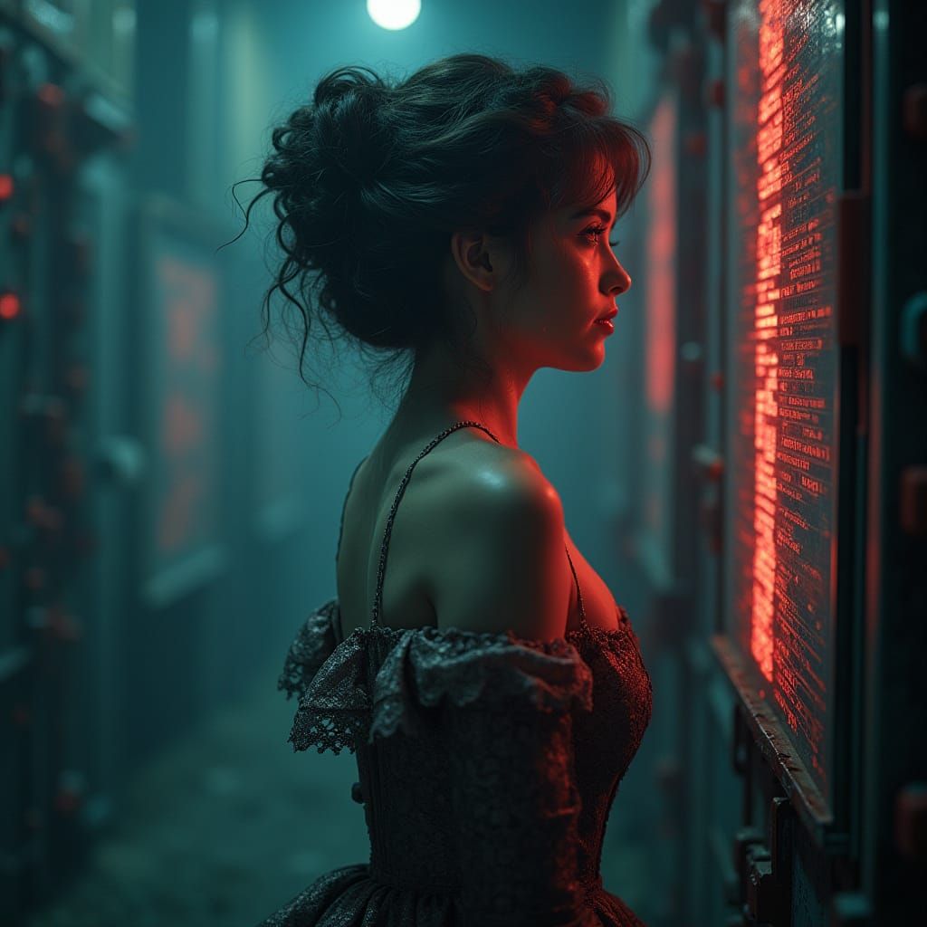 Victorian Lady in Dystopian Cyberpunk Setting