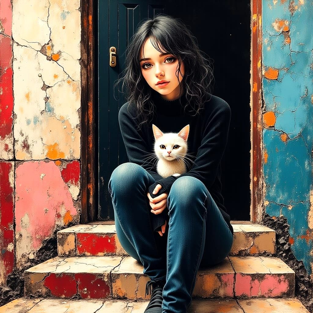 Stylish Woman with Cat in Impasto Oil Painting