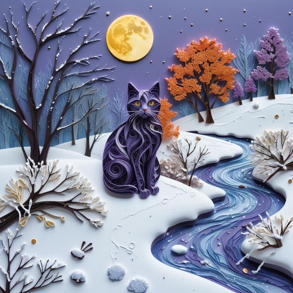Surreal Quilling Collage of a Purple Cat Under a Full Moon