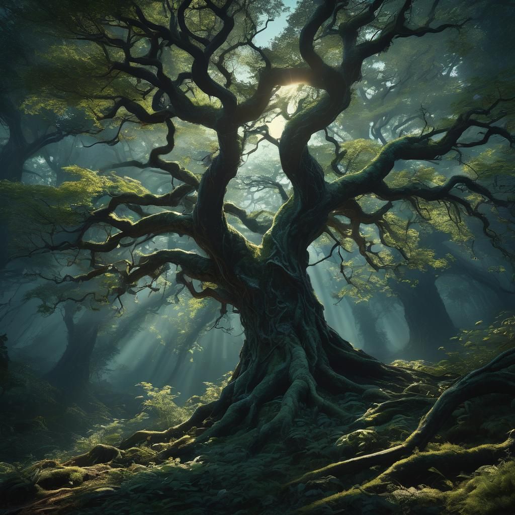 Mystical Tree with Ethereal Vines in Lush Forest