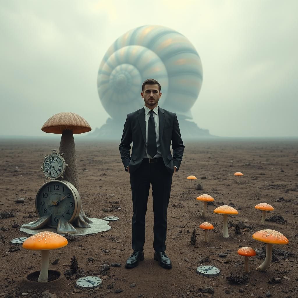 Surreal Businessperson in Dreamlike Landscape